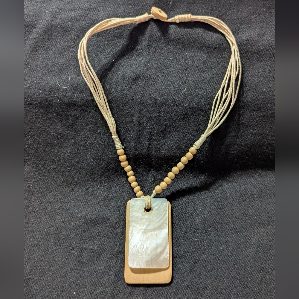 Beige and Cream Wood Mother of Pearl Rectangle Pendant Statement Necklace